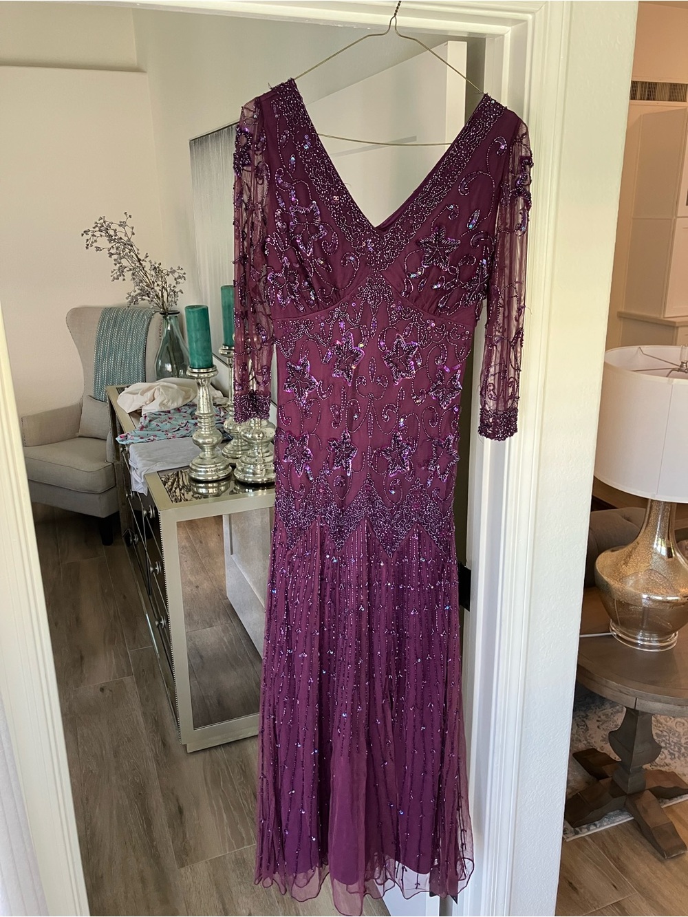 Pisarro Nights Beaded Plum Long Sleeve Evening Gown